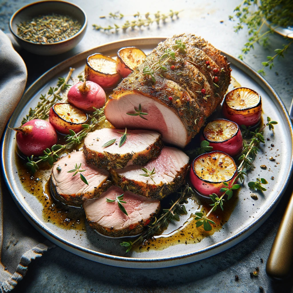 Keto Herb-Crusted Pork Tenderloin with Roasted Radishes Recipe