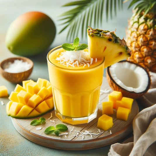 Sunny North Island Tropical Delight - A sunny yellow tropical smoothie garnished with a pineapple wedge and shredded coconut.